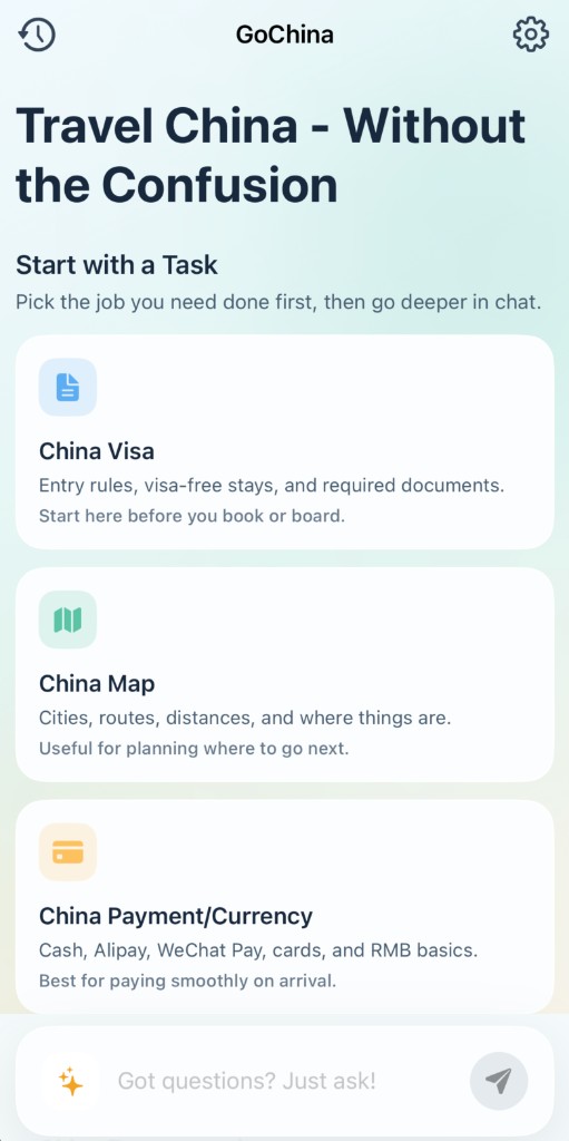 GoChina app: task-based travel assistant for China